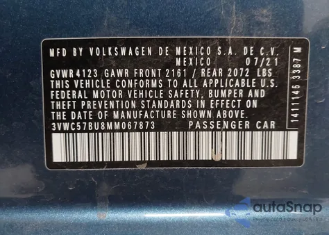 2021 Volkswagen Jetta 1.4T R-Line/1.4T S/1.4T Se z USA, uszkodzony, nr VIN 3VWC57BU8MM067873
